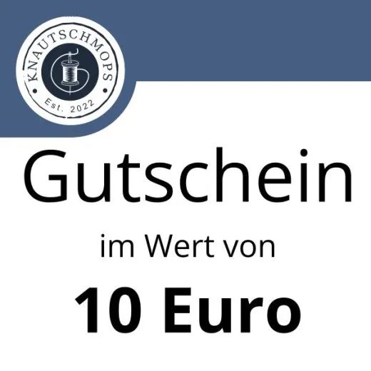 10 Euro Gutschein von Knautschmops.de Gutschein im Wert von 10 Euro von Knautschmops.de mit Logo auf blau-weißem Hintergrund