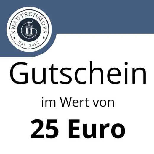 25 Euro Gutschein von Knautschmops.de Gutschein im Wert von 25 Euro von Knautschmops.de mit Logo auf blau-weißem Hintergrund