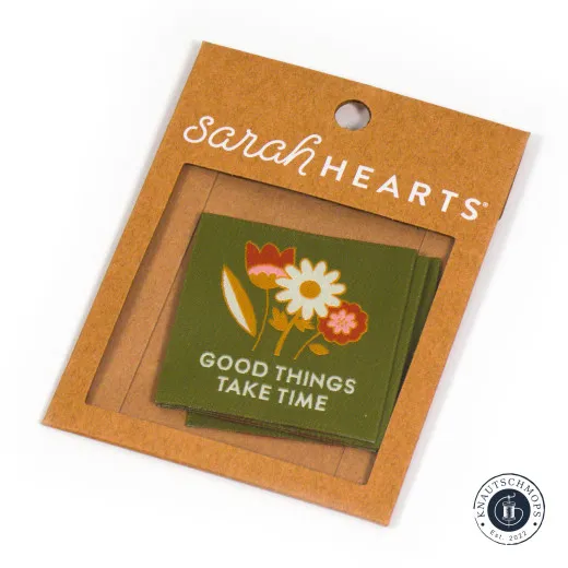 Sarah Hearts Label - Good Things Take Time oliv (new Design)