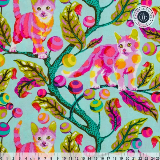 Tula Pink Baumwoll Designerstoff - Tabby Road Déjà Vu - Disco Kitty - Technomint