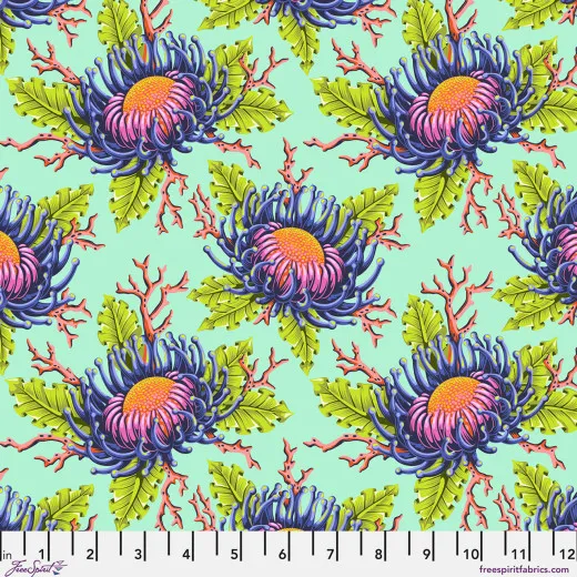Tula Pink Baumwoll Designerstoff - Floral Reef - Friends & Anemones - Seafoam