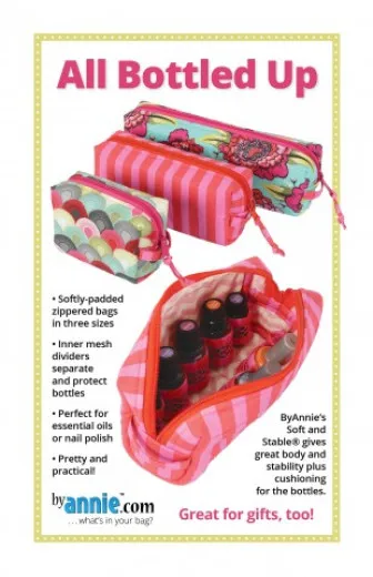 Titelseite des ByAnnie's-Schnittmusters All Bottled Up mit drei Etuis in Blumen-, Streifen- und Schuppenmuster sowie geöffnetem Etui mit Ölfläschchen.