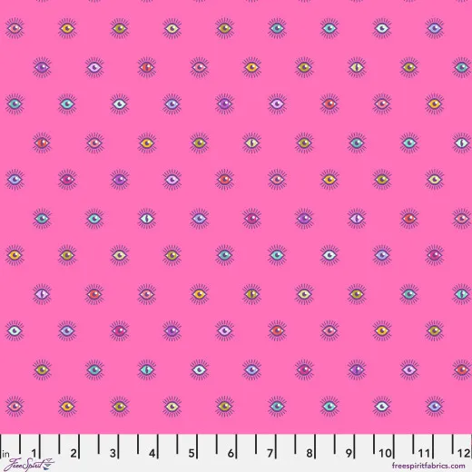 Bunte, stilisierte Augen mit Wimpernkranz auf pinkfarbenem Fond, Visionary-Design.