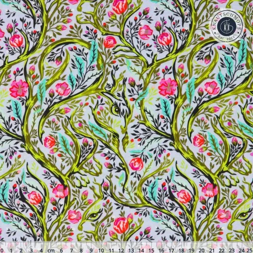 Branch Manager Starlight – Musterausschnitt mit Lineal Nahaufnahme des Branch-Manager-Designs in Starlight mit verschlungenen Zweigen, pinkfarbenen Rosen und versteckten Tieraugen, Lineal bis 25 cm.