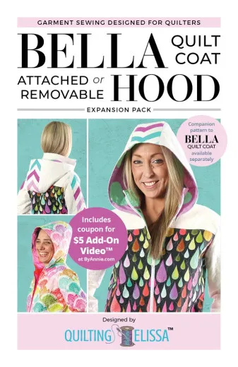 ByAnnie's Bella Hood Expansion Pack Verpackung Verpackung des Erweiterungspakets Bella Hood mit Foto der Bella Quilt Coat mit angesetzter Kapuze