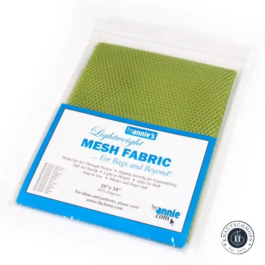 ByAnnie's Mesh Apfelgrün – Verpackung Verpackte ByAnnie's Lightweight Mesh in Apfelgrün, diagonal fotografiert, mit Produktetikett.