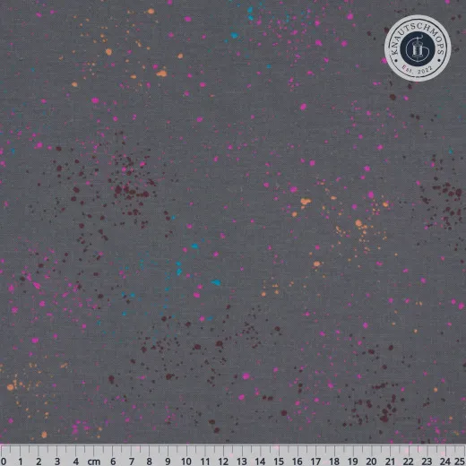 Canvas Speckled Ghostly von Ruby Star Society, grauer Stoff mit pinken, orangen und blauen Farbsprenkeln, mit Zentimetermaß