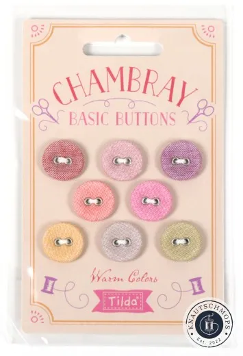 Tilda Chambray-Stoffknöpfe in warmen Farbtönen auf der Verpackungskarte Basic Buttons Warm Colors