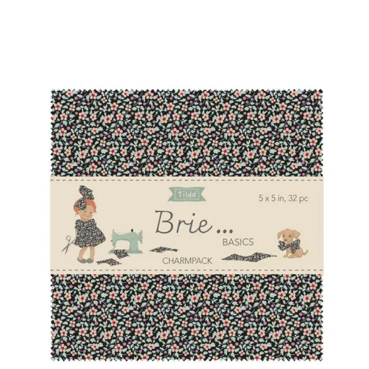 Charm Pack Brie Basics Verpackung des Tilda Charm Pack Brie Basics mit dunklen Blumenstoffen und Mädchen-/Hundemotiv, 32 Stoffquadrate 5x5in
