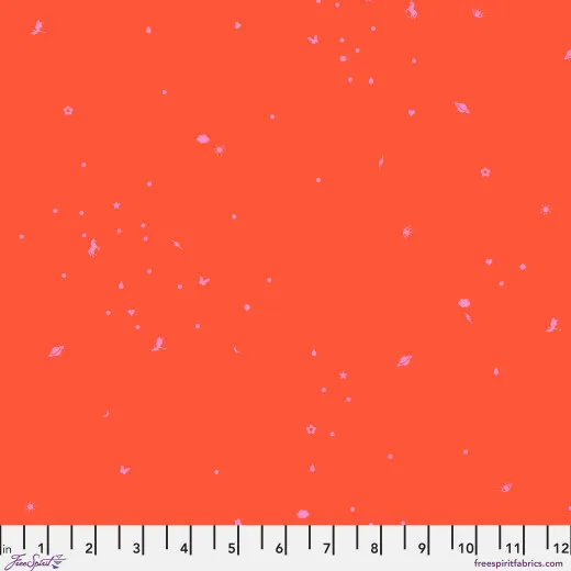 Charmed-Stoff in Vermillion mit tonalen Mini-Icons auf Orangerot, mit Zoll-Maßstab