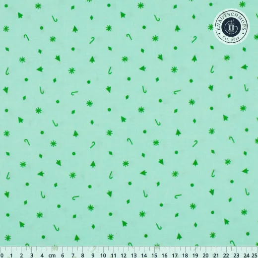 Christmas Confetti Mint – Baumwollstoff mit Maßstab Baumwollstoff Mint mit grünem Weihnachtskonfetti aus Zuckerstangen, Sternen und Tannen, mit Lineal in cm