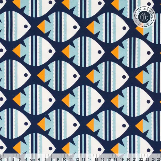 Canvas Cloud 9 Ocean Motion mit creme- und hellblauen Fischen, orangen Flossen auf Marineblau, mit Maßstab