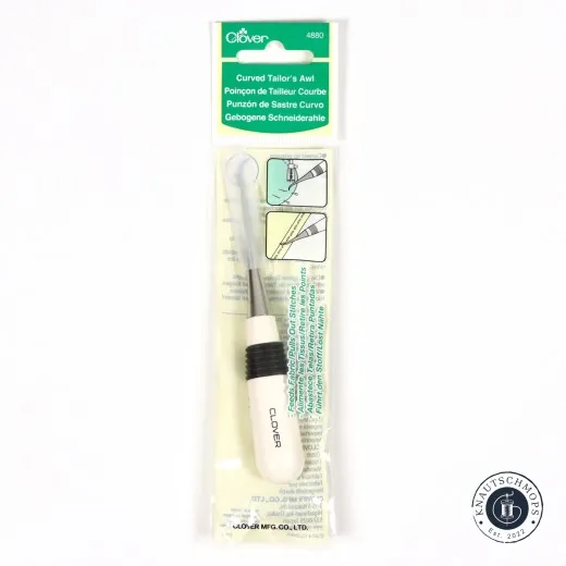 Originalverpackung der Clover Gebogenen Schneiderahle (Art. 4880) mit Sichtfenster auf Werkzeug und Anwendungsskizzen.