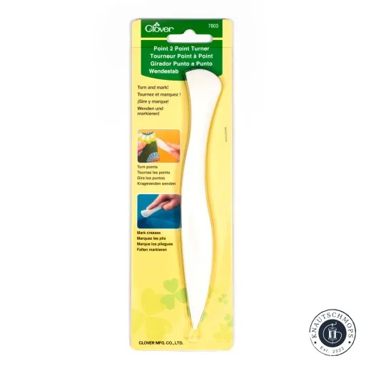 Clover Point Turner – Verpackung Originalverpackung des Clover Point 2 Point Turners mit Anwendungsbeispielen zum Wenden von Ecken und Markieren von Falten.