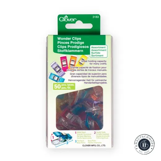 Clover Wonder Clips 3183 Verpackung mit 50 bunten Stoffklammern in Sichtfensterbox