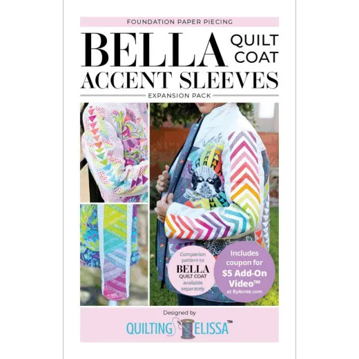 Cover – Bella Accent Sleeves Vorderseite der Schnittmusterhülle „Bella Accent Sleeves FPP Expansion Pack“ mit Detailfotos der Flying-Geese-Ärmel in Regenbogenfarben.