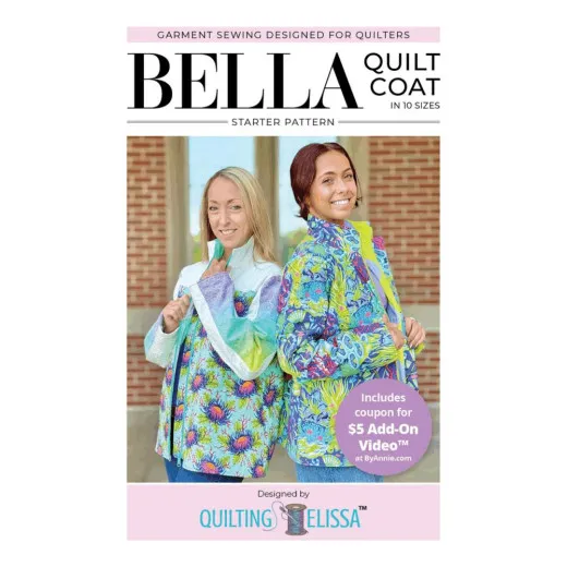 Cover – Bella Quilt Coat Vorderseite der Schnittmusterhülle „Bella Quilt Coat“ von Quilting Elissa mit zwei Modellen in der fertig genähten Steppjacke.