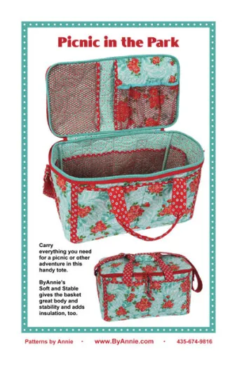 Cover Picnic in the Park Schnittmuster-Cover „Picnic in the Park" mit Foto des offenen und geschlossenen Picknick-Henkelkorbs in Türkis mit rotem Rosenmuster