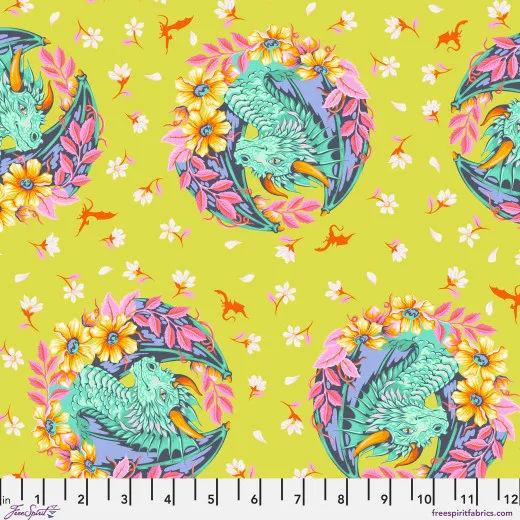 Drachen-Medaillon Apple Runde Drachen-Medaillons umrahmt von Blüten und kleinen Flugdrachen auf giftgrünem Fond.