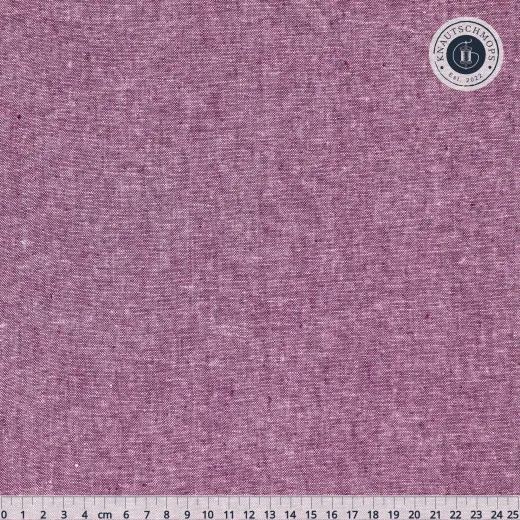 Aubergine-violett melierter Leinen-Baumwoll-Stoff, Gesamtansicht mit Lineal zum Größenvergleich.