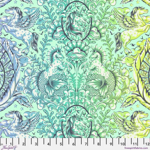 Symmetrisches Ornament mit geflügelten Einhörnern und Meerjungfrauen-Schweifen in Mintgrün-Blau.