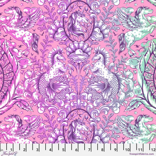 Symmetrisches Ornament mit geflügelten Einhörnern und Meerjungfrauen-Schweifen in Pink-Lila.