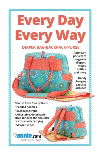 Every Day Every Way – Schnittmuster-Titelseite Titelseite des ByAnnie's-Schnittmusters Every Day Every Way mit der Wickeltasche als Henkeltasche und als Rucksack.