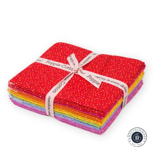 Gebundenes Poppie Cotton Fat Quarter Bundle Country Confetti Brights mit rotem Konfetti-Punkte-Stoff obenauf