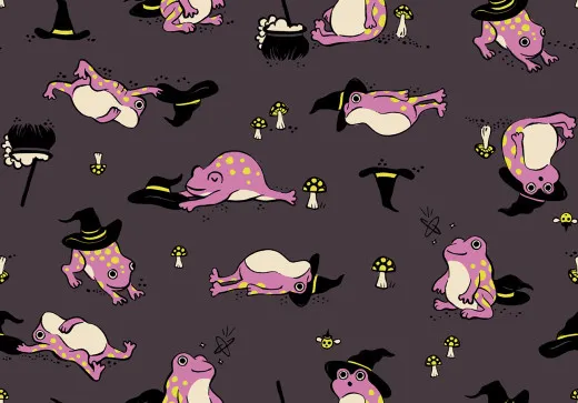 Frogmiliars Eggplant – Froschstoff von Ruby Star Society Baumwollstoff Frogmiliars Eggplant mit pinken Fröschen, Hexenhüten, Kessel und Pilzen auf auberginefarbenem Grund