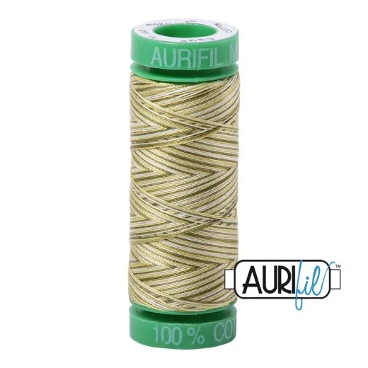 Aurifil-Garnrolle mit meliertem 40wt-Baumwollgarn in Oliv-, Beige- und Weißtönen, Farbe Spring Prairie (Fb. 4653).