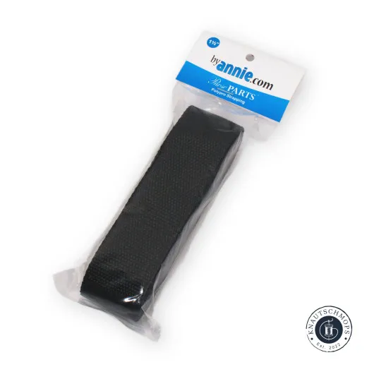 Verpackte Rolle des ByAnnie's Polypro-Gurtbands (1,5 Zoll) in Schwarz mit Produktetikett