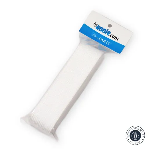 Gurtband 1,5 Zoll weiß, Verpackung Verpackte Rolle des ByAnnie's Polypro-Gurtbands (1,5 Zoll) in Weiß mit Produktetikett
