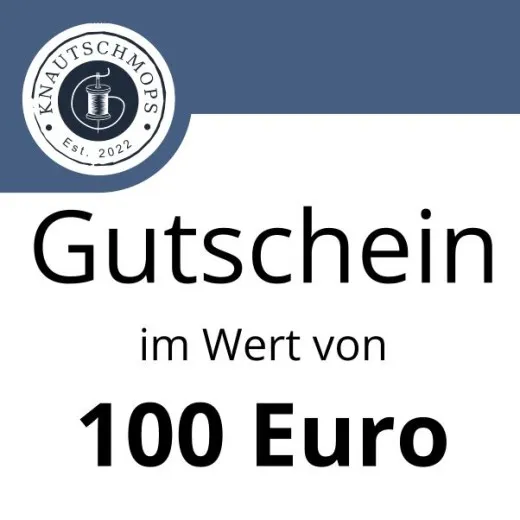 Gutschein im Wert von 100 Euro von Knautschmops.de mit Logo auf blau-weißem Hintergrund