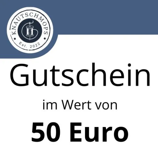 Gutschein im Wert von 50 Euro von Knautschmops.de mit Logo auf blau-weißem Hintergrund