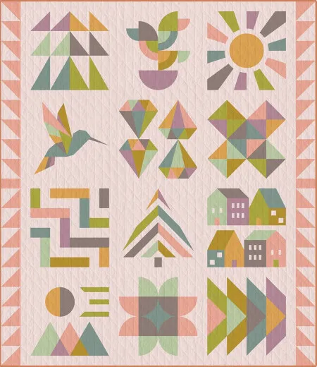 Hand + Soul 2027 Quilt Kit Summer Meadow – Sampler-Quilt Sampler-Quilt Summer Meadow mit Blöcken in Grün, Rosa, Senf und Creme, Rahmen aus Dreiecken