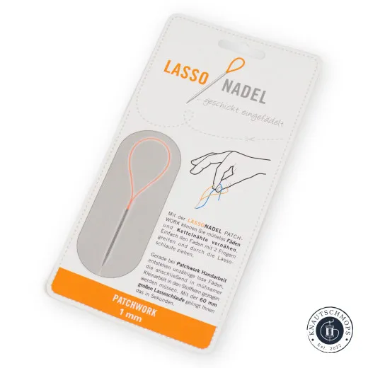 Lasso Nadel Patchwork 1 mm in weiß-oranger Blisterverpackung mit Nadel und oranger Lassoschlaufe