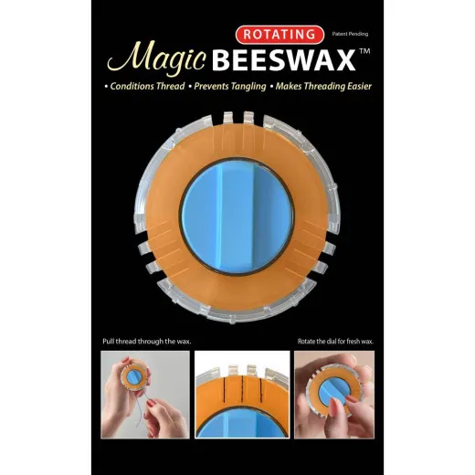 Magic Beeswax Rotating – Verpackung Verpackung des Taylor Seville Magic Rotating Beeswax mit Anwendungsschritten zum Einfädeln und Nachdrehen