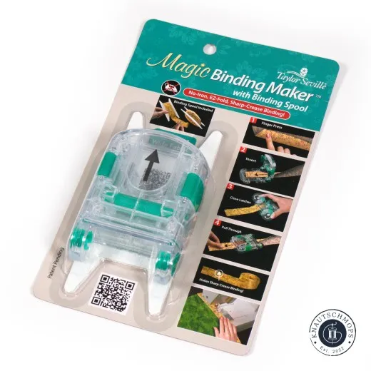 Magic Binding Maker – Verpackung Verpackung des Taylor Seville Magic Binding Maker mit Anleitungsgrafik, schräg fotografiert