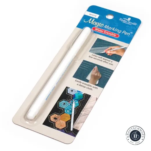 Verpackung des Taylor Seville Magic Marking Pen in Weiß mit Anwendungsbeispielen zum Markieren und Entfernen der Linien.