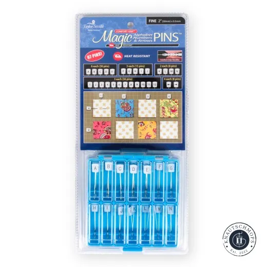 Magic Pins – Verpackung Verpackung der Taylor Seville Magic Pins mit 97 beschrifteten Stecknadeln (Buchstaben, Zahlen und Pfeile) in Aufbewahrungsbox.