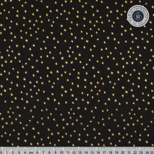 Baumwollstoff Mini Starry Black Gold von Ruby Star Society mit goldenen Sternen auf Schwarz, mit Zentimetermaß