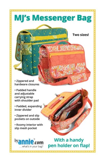 MJ's Messenger Bag – Schnittmuster-Cover Titelseite des Schnittmusters MJ's Messenger Bag mit zwei genähten Taschen in Grün und Koralle