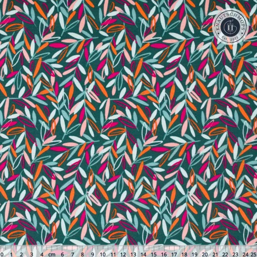 Petrolfarbener Baumwollstoff mit buntem Blättermuster in Pink, Orange und Mint, mit Zentimeter-Maßstab und Moda-Logo am unteren Bildrand.