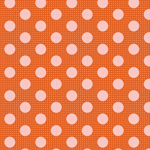 Musterausschnitt Basic Dots Ginger Nahaufnahme des Punktdrucks „Basic Dots“ in Ginger mit rosafarbenen Punkten auf orangefarbenem Fond.