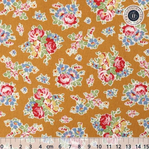 Musterdetail mit Lineal Musterdetail "Sue" in Mustard mit Rosen-Streublumen und Lineal (ca. 15cm)