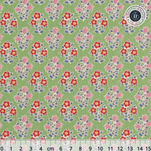 Musterdetail "Farm Flowers" in Green mit Lineal (ca. 15cm) zum Größenvergleich