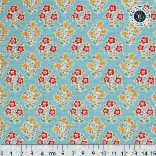 Musterdetail "Farm Flowers" in Teal mit Lineal (ca. 15cm) zum Größenvergleich