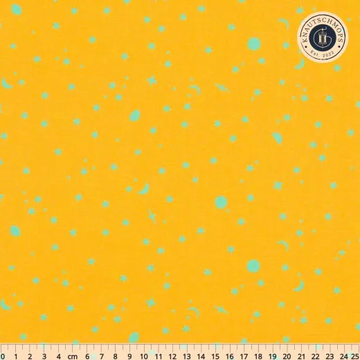 Musterdetail mit Lineal Nahaufnahme des Sternenmusters Space Sprinkles in Papaya (Orange mit Türkis) mit Lineal
