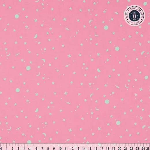 Nahaufnahme des Sternenmusters Space Sprinkles in Piglet (Rosa mit Mint) mit Lineal
