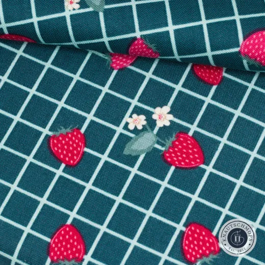Musterdetail, Nahaufnahme Detailaufnahme des Karomusters mit Erdbeeren in Groß- und Nahaufnahme